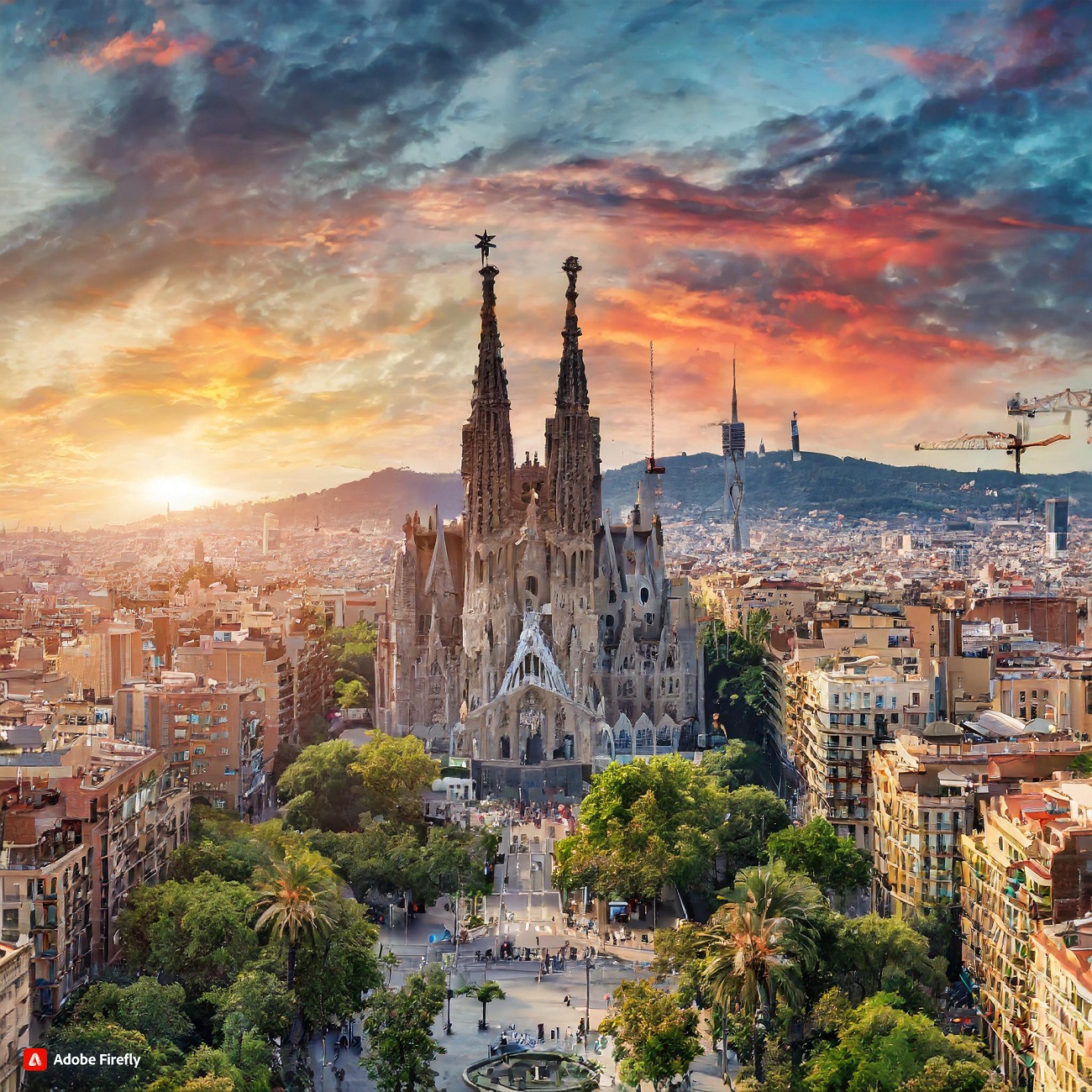 Firefly Barcelona Spain with La Sagrada in the center with a sunset 42231.jpg